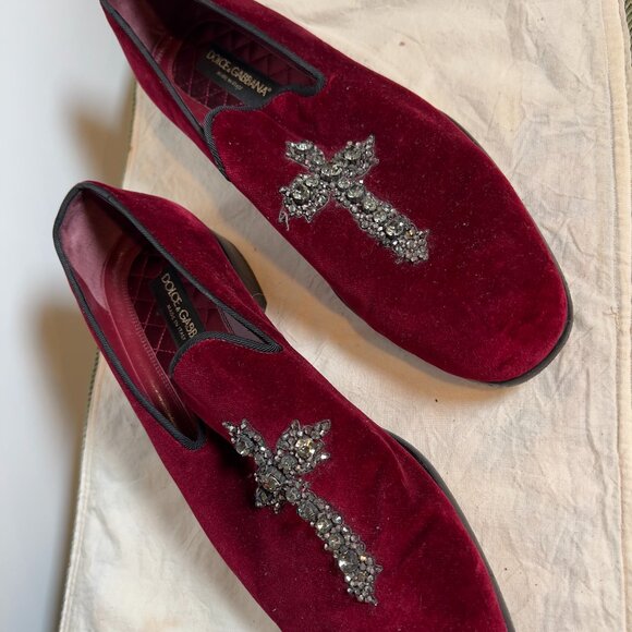 Dolce & Gabanna Burgundy Velvet and Rhinestone Cross Loafer Men\'s 10 main image 7
